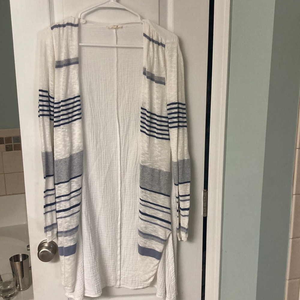 White and blue striped lightweight cardigan, size small
